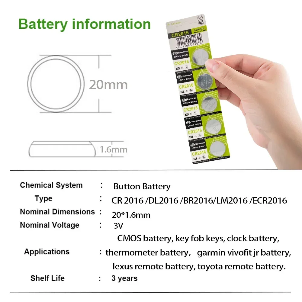 5pcs 70mAh CR2016 Battery Coin Cells CR 2016 DL2016 BR2016 LM2016 ECR2016 3V Lithium Button Battery For Watch Remote Key