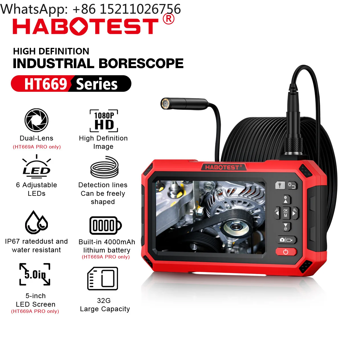 Habotest HT669A PRO 3M Cable Flexible Borescope Inspection 8mm 2 Cameras USB Snake Endoscopic HD Industrial Endoscope LED