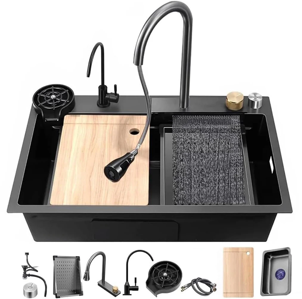

Handmade Black Nano Stainless Steel Kitchen Sink with Single-Bowl Flying Waterfall Faucet One-Hole Design