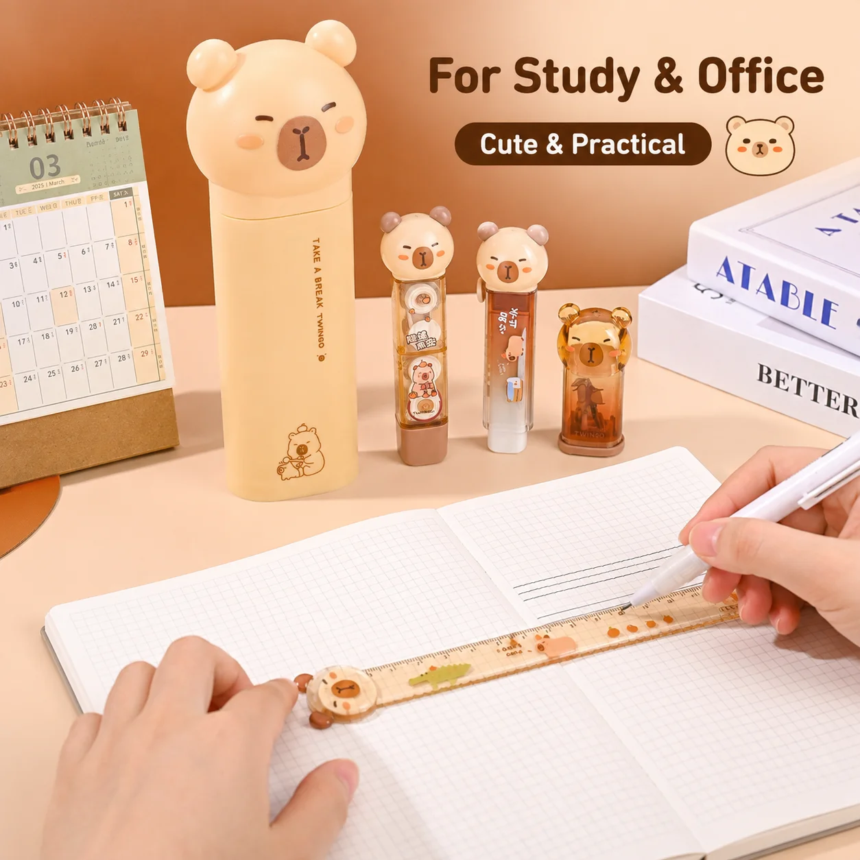 5pcs Cute Bear Stationery Set Pencil Case Ruler Correction Tape Eraser Sharpener Portable School Office Desk Supply Gift Kit