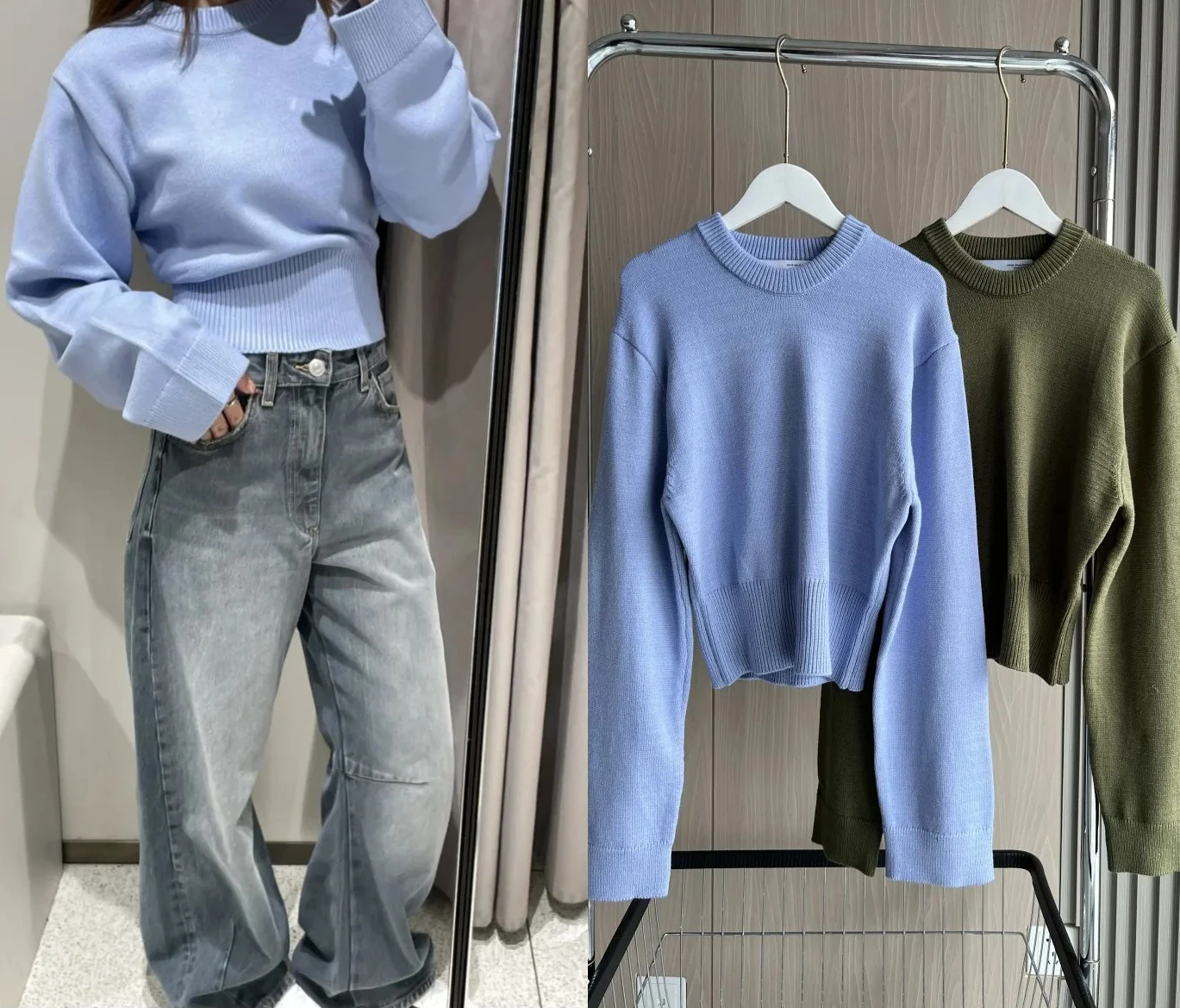 

New Loose Sleeve Round Neck Knitted Sweater Ladies Ultra Wide Ribbed Hem Long Sleeve Short Cardigan Casual Chic Top
