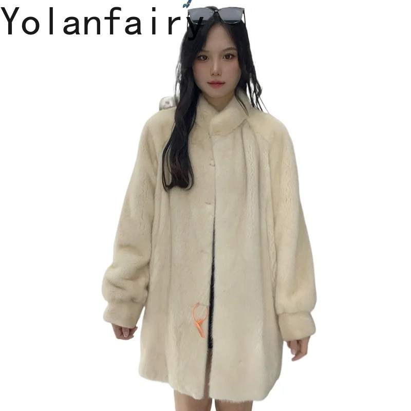 YOLANFAIRY الفاخرة الشتاء معطف الفرو الطبيعي امرأة كاملة فرو المنك سترة المرأة منتصف طول أنيقة الدافئة فرو المنك معاطف الوقوف طوق