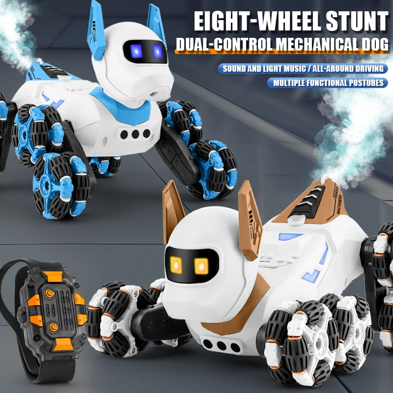 Dublê rc cão oito rodas 2.4g rádio controle remoto robô mecânico com luz música spray filhote de cachorro elétrico presente das crianças