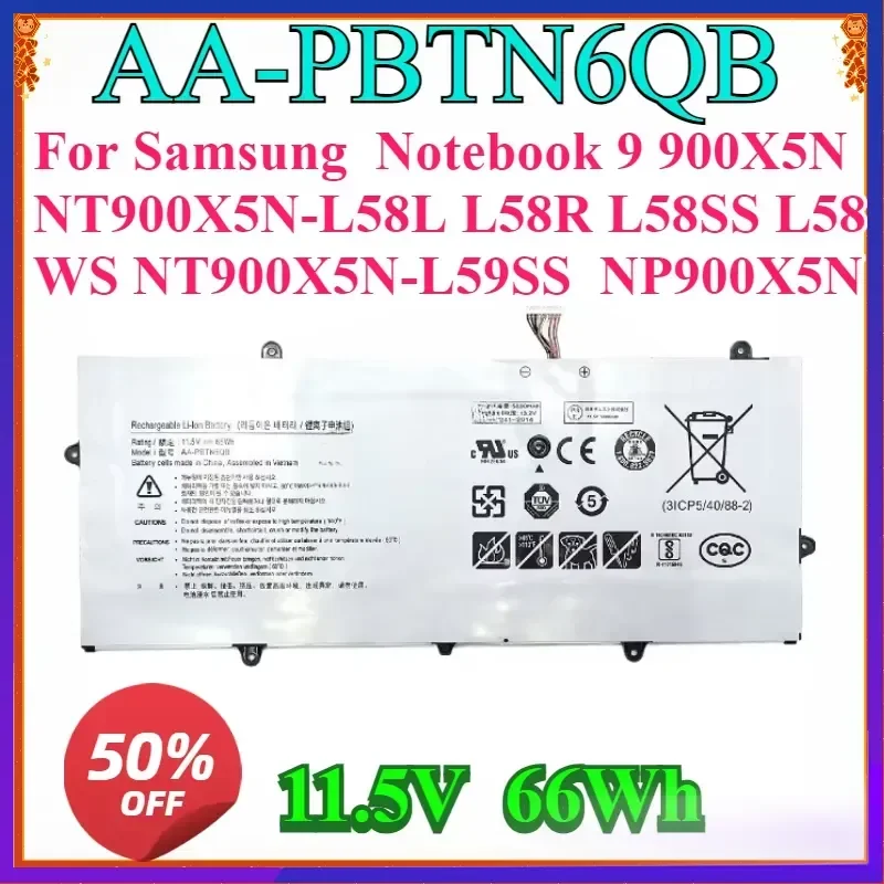 New 11.5V 66Wh Laptop Battery AA-PBTN6QB For Samsung Notebook 9 900X5N NT900X5N-L58L L58R L58SS L58WS NT900X5N-L59SS NP900X5N