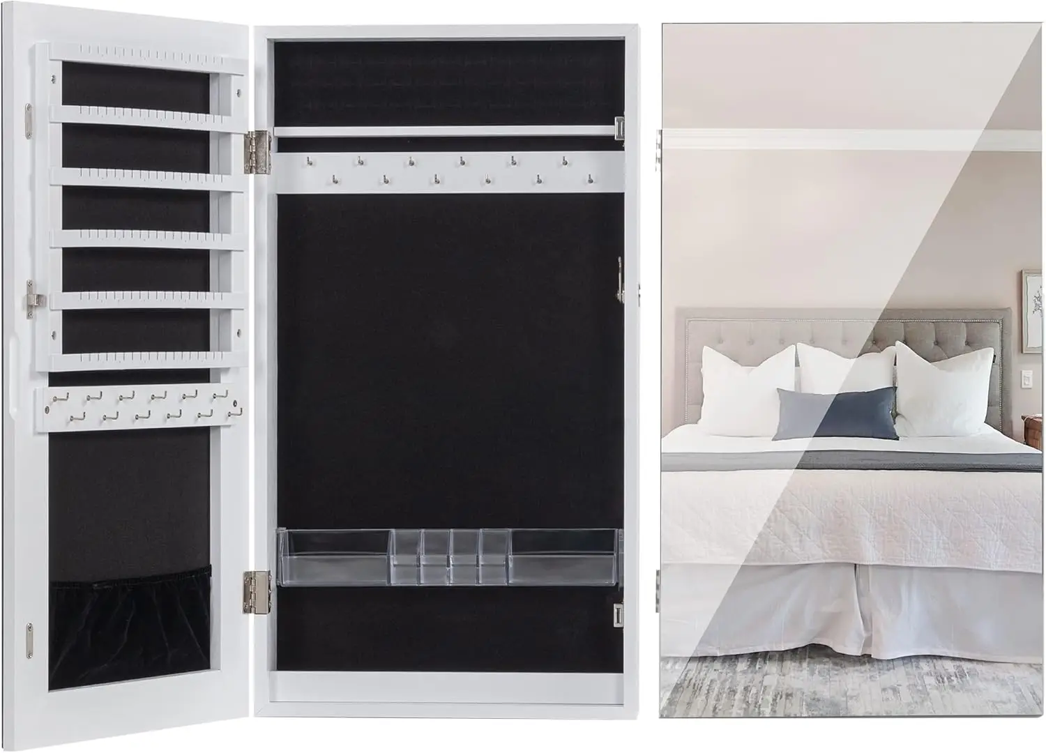 

Lockable Jewelry Cabinet with Frameless Mirror, Wall/Door Mounted Organizer with Lipstick Compartments - White