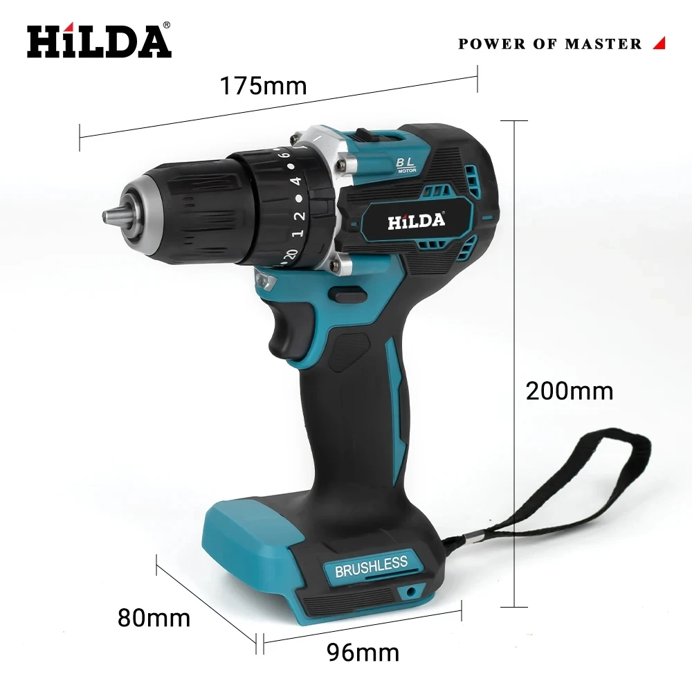 HILDA 21V Multi Functional Lithium Electric Impact Drill Cordless Electric Screwdriver Power Tools 20+1 Torque Without Battery