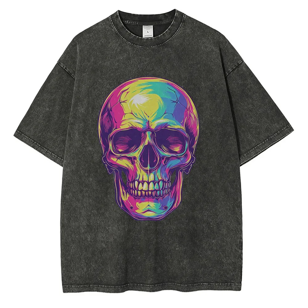 

Bright Color Skull Graphic T Shirts Heavyweight Pure Cotton Distressed Washed Mens Tops Retro High Street Oversized T Shirt