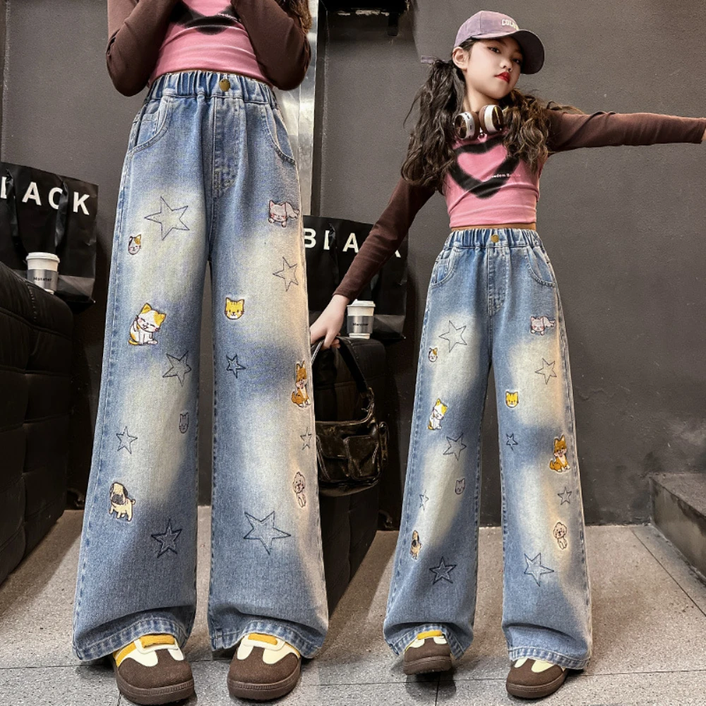 Girls Jeans Spring Autumn Cartoon Wide Leg Jeans for Teenage Kids Heavy Embroidery Star Loose Straight Leg Trousers for Children