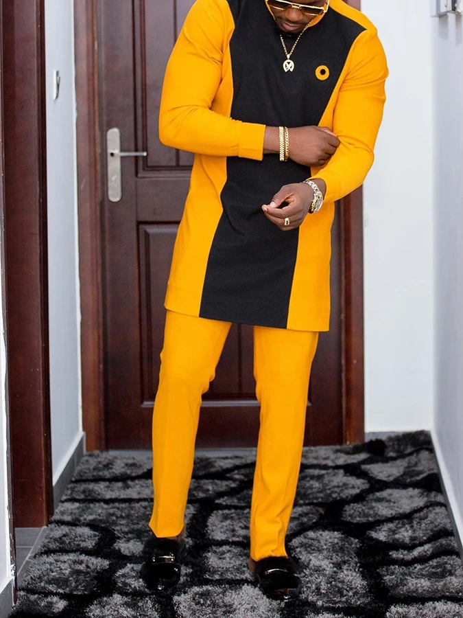 

Men's luxury fashion casual yellow geometric print two-piece set