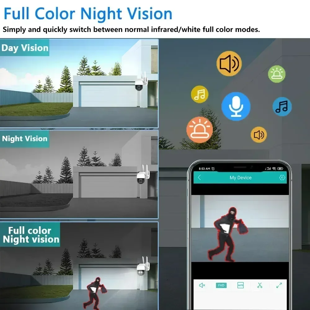 Câmera IP Externa com Visão Noturna, Rastreamento Automático, Proteção de Segurança, Monitoramento CCTV, 4K, 8MP, WiFi, Zoom PTZ 10x, Cor