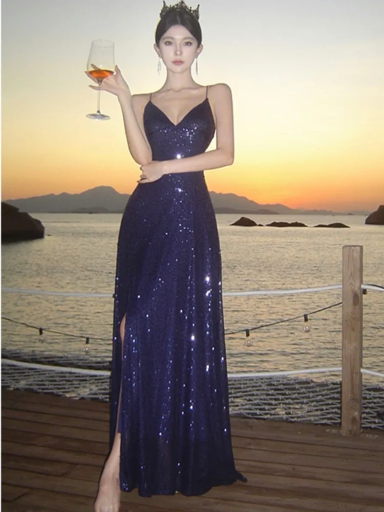 

Women Elegant V-neck Sequin Evening Dresses Sexy Backless Split Bandage Runway Robe Summer Luxury Formal Occasion Clothes New
