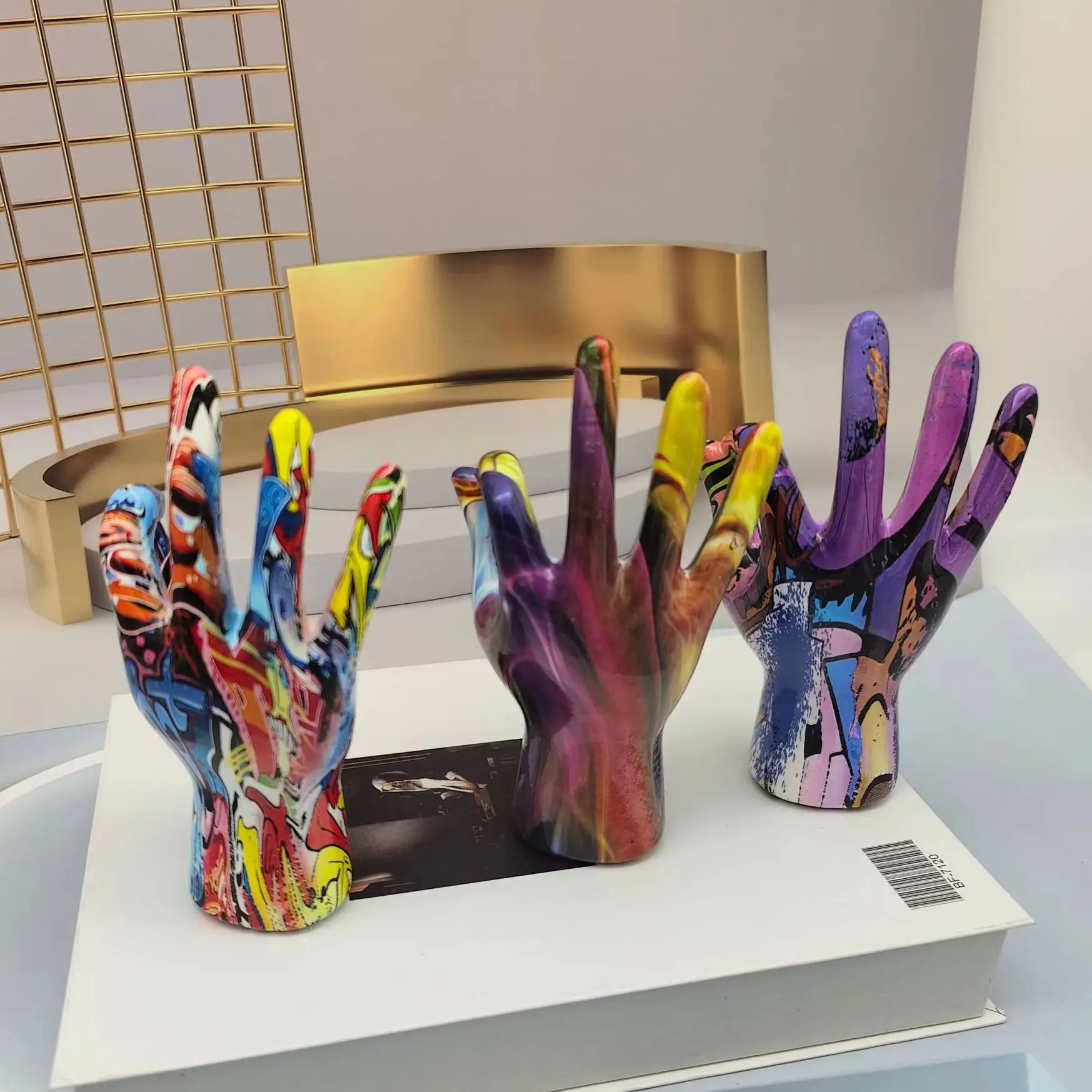Graffiti Hand Gesture Statue Modern Art Colorful Hand Resin Figurine Finger Model for Home Desktop Office Decor