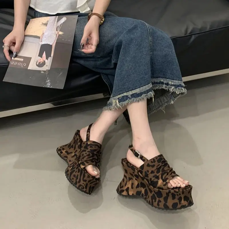 

Woman Wedge Heels 11CM Platform Sandals Leopard High Heels Ladies Summer Shoes Black Lycra Sandalias De Mujer 2025 Tendencia