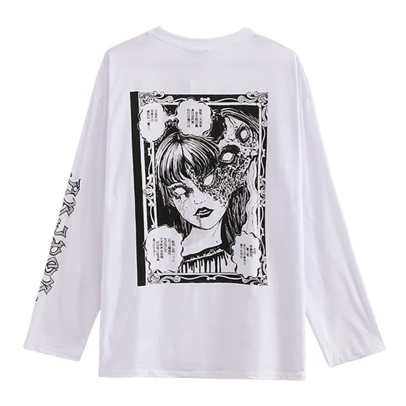 QWEEK Gothic White T-shirt Women\'s Harajuku Long Sleeve Mall Goth Top Vintage Grunge Alt Clothes Aesthetic Kpop Korean 2021