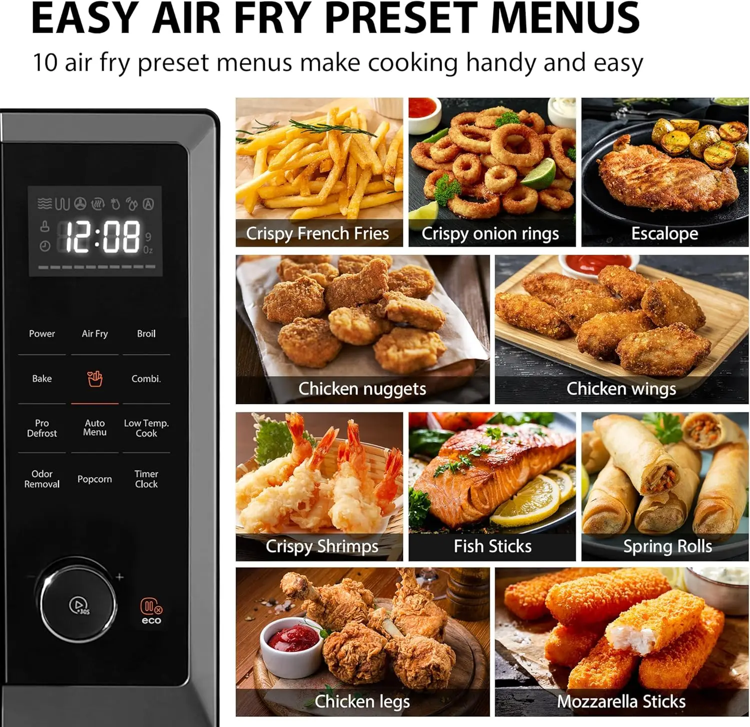 Air Fryer Combo 8 em 1, Forno De Microondas De Bancada, Grelho De Convecção, Remoção De Odor, Função Mudo, 12,4 "Posição Turntab Memória