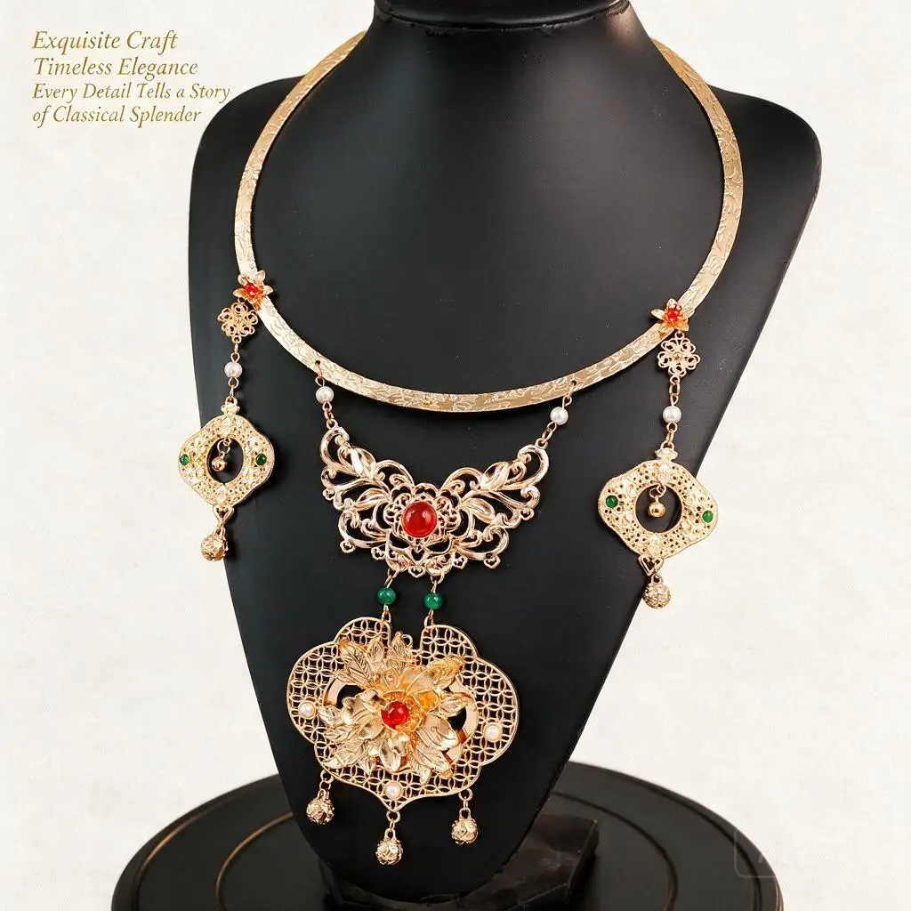 Chinese Traditional Hanfu Collar Necklace Carved Longevity Lock Faux Pearl Tassel Pendant For Ming Dynasty Ma Mian Skirt Jewelry