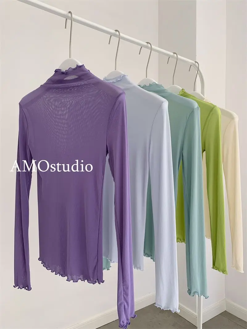 

Women's Spring/Autumn Blouse Long-sleeved Undershirt High-neck Mesh Sheer Fabric Slim-fit Dopamine-coloured Elegant Comfortable