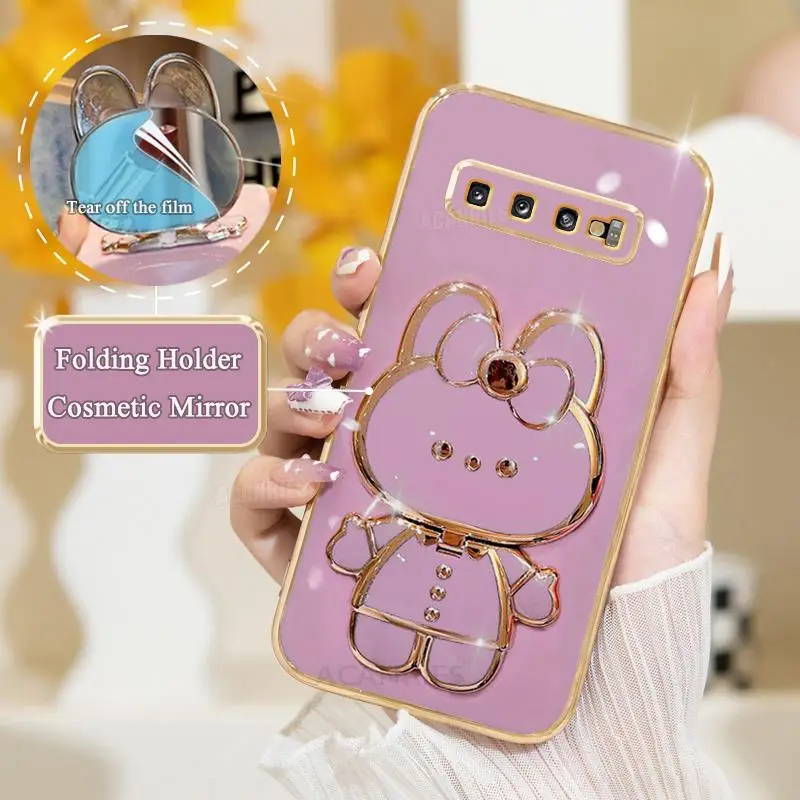 Plating Silicone Mirror Holder Case For Samsung Galaxy S10 S9 S8 Plus S10plus Note8 Silicone Stand Cover S 10 Note 8 9 20 Ultra