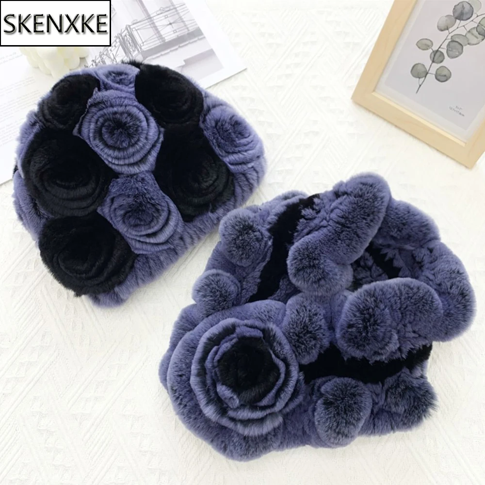 

New Women Winter Fur Hat Scarf Sets Natural Warm Real Rex Rabbit Fur Cap Scarves Lady Knitted Warm 100% Genuine Fur Hats Muffler