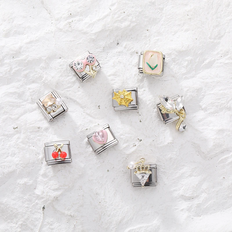 Moda połysk kolorowa cyrkonia wiśnia motyl serce kokarda włoskie koraliki stal nierdzewna Fit 9mm bransoletka bransoletka biżuteria DIY Making