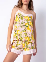 Women’s Two Piece Pajamas Set Sleeveless Spaghetti Strap Lemon Print Cami Tops and Shorts Loungewear