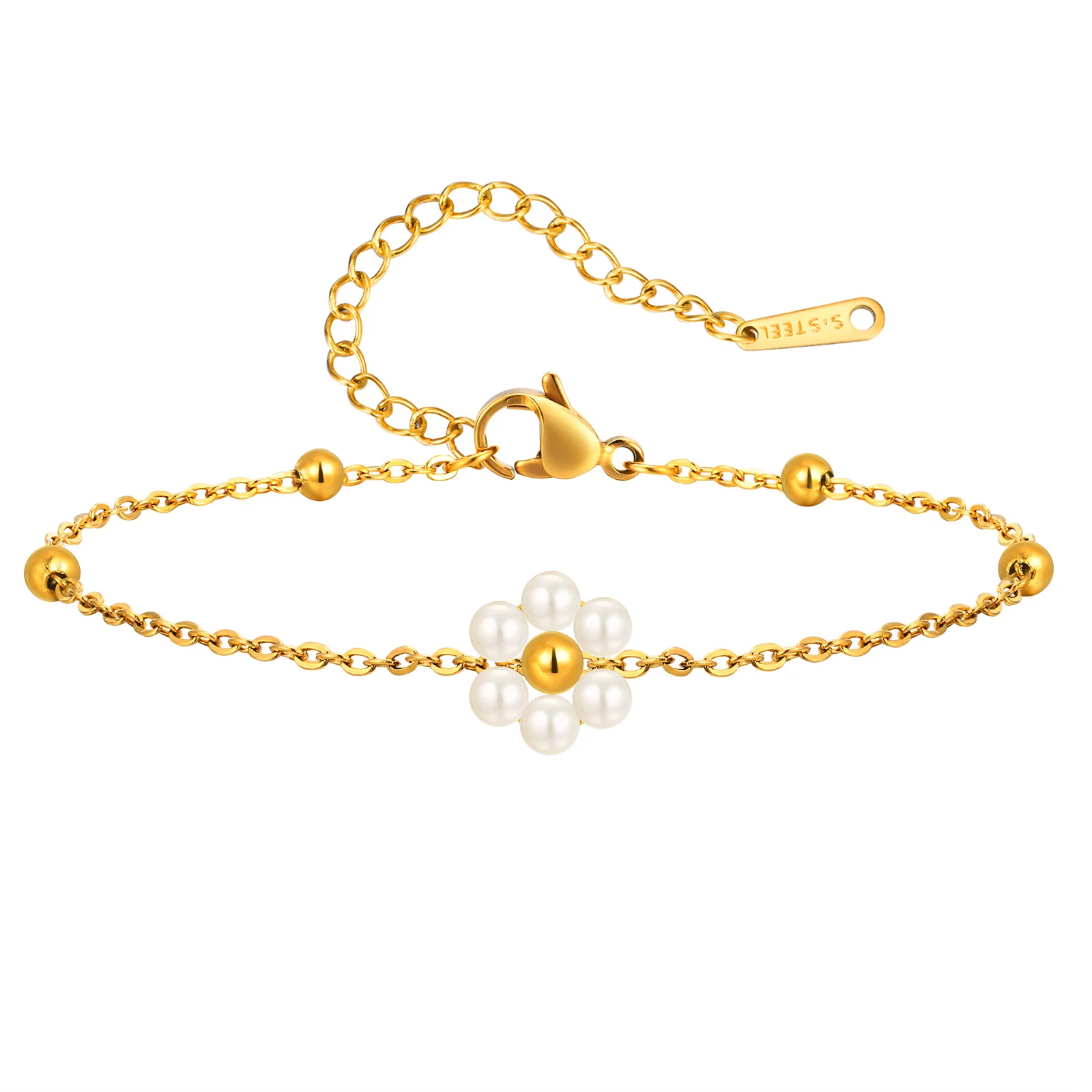 

Dainty Imitation Pearl Flower Bracelet for Women,Stainless Steel Rolo Chain Bead Chain Bracelets,Fashion Gold Color Jewelry Gift