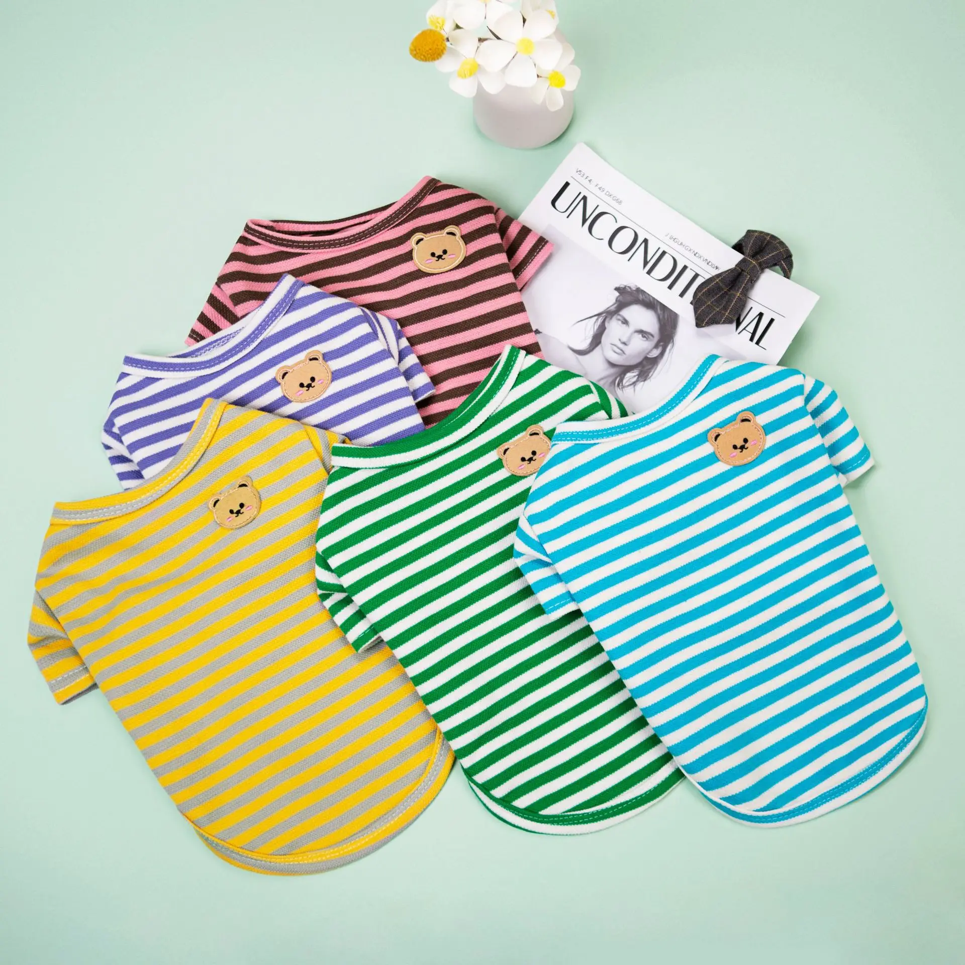 Bear Print Striped Cotton Dog Vest Summer Shirt Girls Puppy Costume Chihuahua Bichon Frise Dog Apparel Summer Clothes