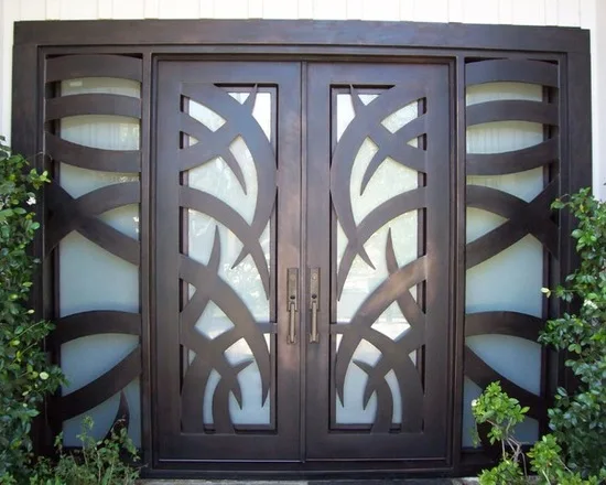 Entrance Wrought Iron Doors With Finished Steel And Glass Design Inside And Outside