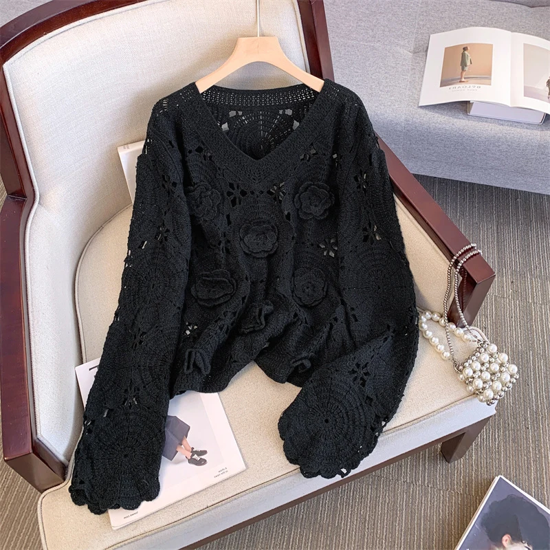 เสื้อถักไหมพรมทรงตรงสำหรับผู้หญิงไซส์ใหญ่ สไตล์ลำลอง ใส่ได้ทั้งเป็นเสื้อตัวในและตัวนอก  แบบเว้าลายฉลุ  คอวี แขนยาว  สำหรับฤดูใบไม้ผลิและฤดูใบไม้ร่วง