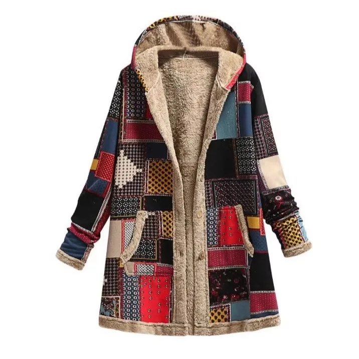 

Thiened Cotton Linen Print Hooded Jaet plus Size Warm Fluffy Outerwear Medium Length Women's Casual Sle Commute Coat
