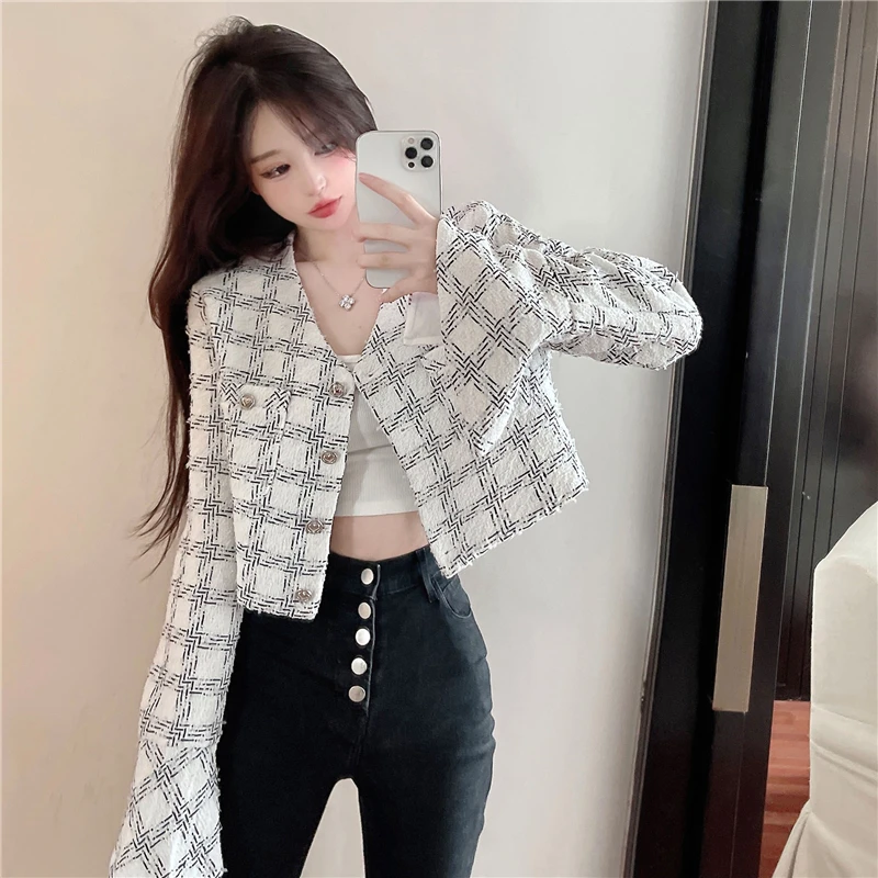 

Fall Winter ort Coat Ladylike Patchwork Color Blo Plaid Trendy Outerwear Commute Sle Women's Long Sve Jaet