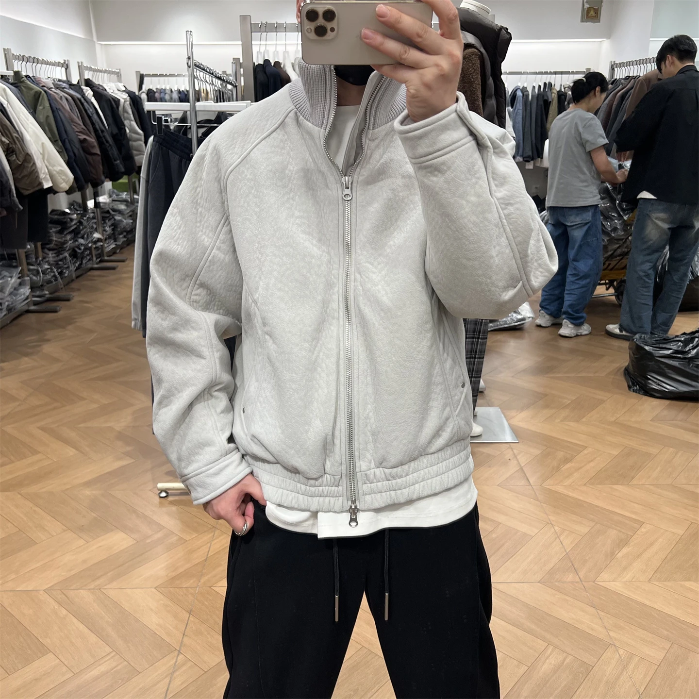 

Textured Knitted Patchwork Stand Collar Men's down Jaet Winter American Retro Loose Sli ort Outerwear