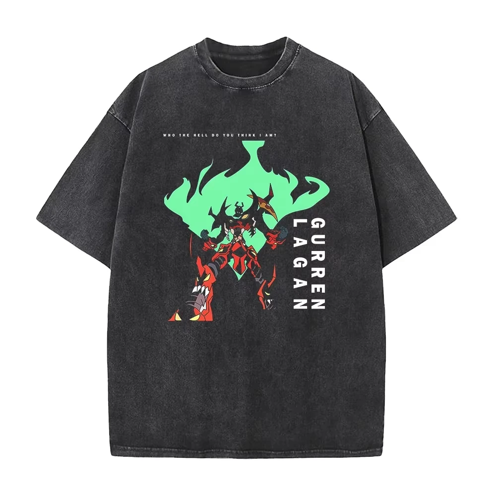Anime Tengen Toppa Gurren-Lagann Manga Kamina Graphic Print T-shirt Men Women Vintage Washed Cotton Oversized Top Summer New Tee