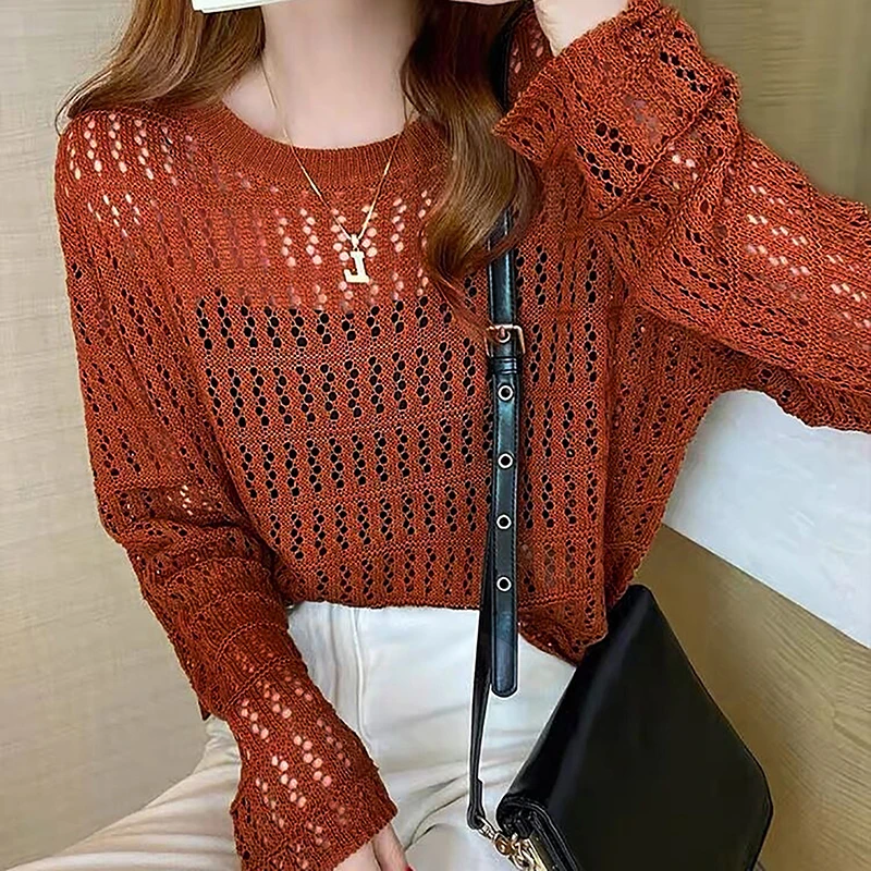 Summer Women Solid Color Round Neck Hollow Out Long Sleeve Casual Loose Knitted Top