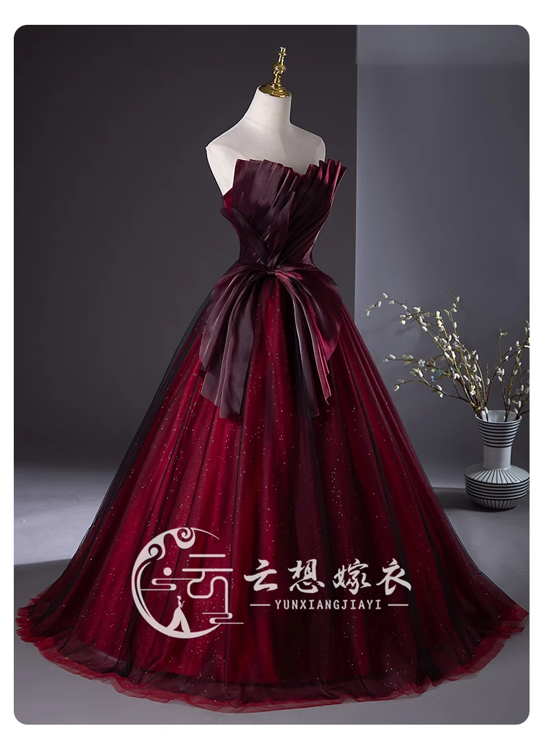 wine red black veil ball gown pleated off shoulder court medieval dress renaissance Gown queen Victorian /Marie/drama/