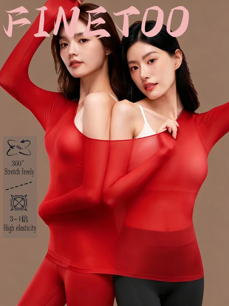 FINETOO Women Winter Ultra-Thin Shirt Underwear Autumn Single Layer High Elastic Long-sleeved Top Female Skin Beautifying Cloth