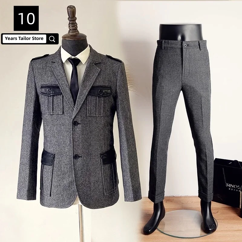 

Autumn Winter Retro American Style Tweed Suit 2-piece Suit Hunting Casual Jacket +Trousers for Men