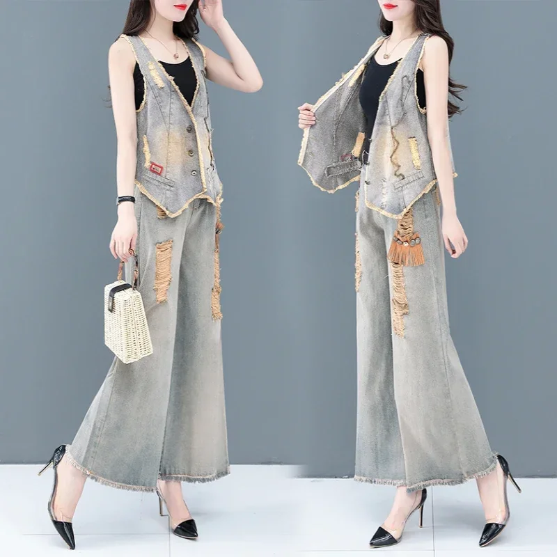 

Elegant Women's Sets 2025 Woman 2-Piece Trouser Suits Fashion 2pcs Outfits Tank Top and Wide Leg Pant Suits E5410