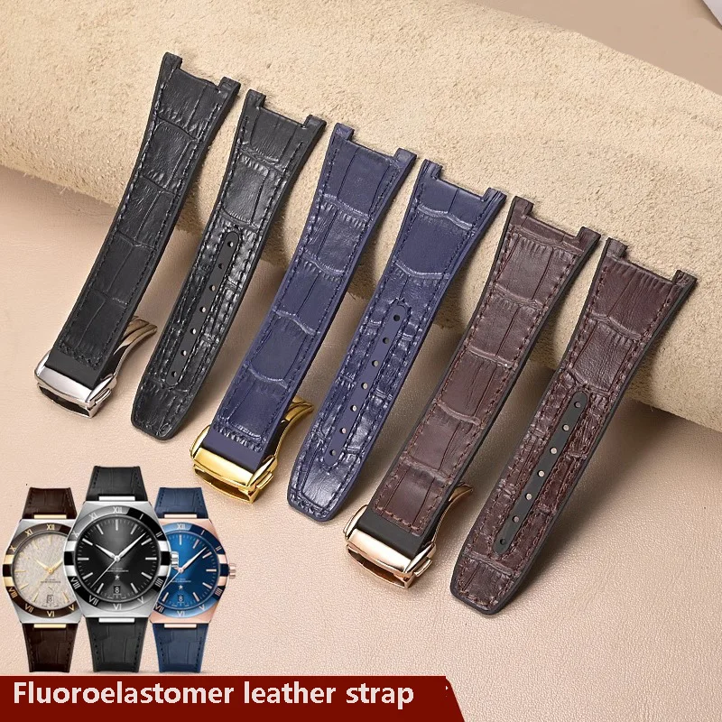 For Omega Constellation 41mm Watchband Manhattan 39mm Fluoroelastomer Rubber Cowhide Male Observatory Notch Watch Strap Bracelet