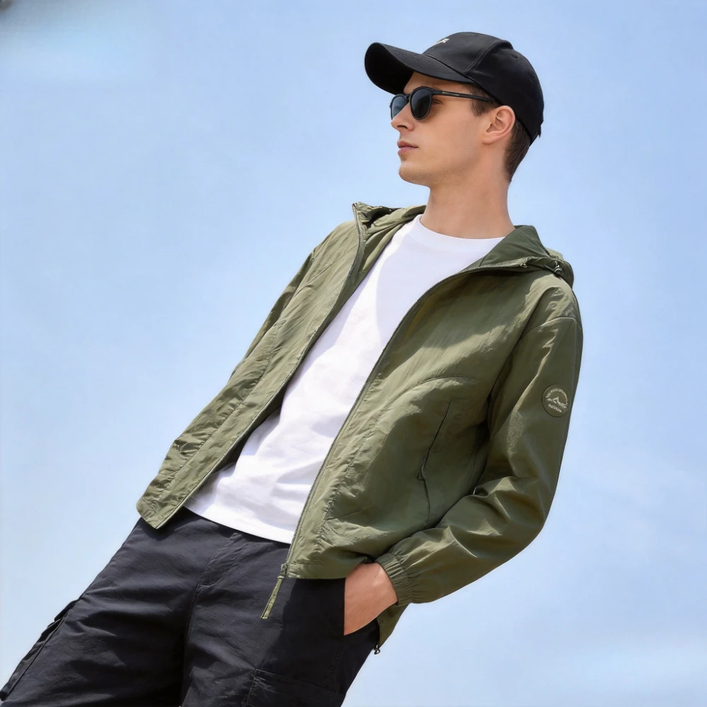 UPF50+ Men's Hooded Sunscreen Jacket Summer Ultra Thin Zipper Pocket Windbreaker Elastic Cuffs Outdoor Hiking Fishing Skin Coats