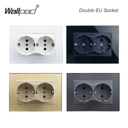 120*86MM Double EU Wall Power Socket White Tempered Glass Panel 2 European Stadnard Electrical Outlets for one Hole
