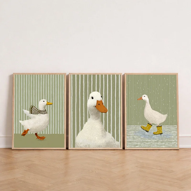 3PCS frameless decorative art print,3PCS Cute Duck Art Print Set  Playful Sage Green Stripes Wall Art  Whimsical Farm Animal