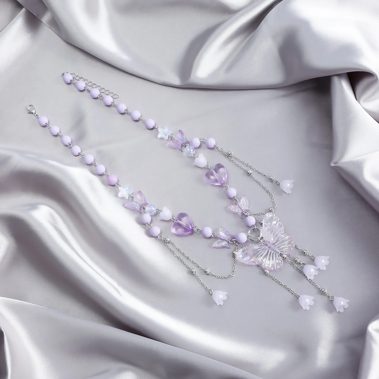 Style Beaded Choker Heart Shape Faux Pearl Butterfly Tassel Pendant for Women Minimalist Standard Length Multicolor