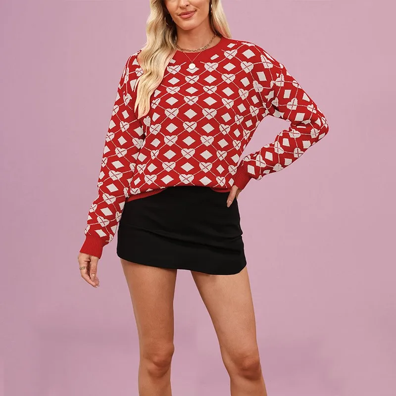 

Love Valentine's DayBig Peach Heart Contrasting Colors Printing Sweater Winter Clothes Woman Casual Loose Round Neck Pullovers