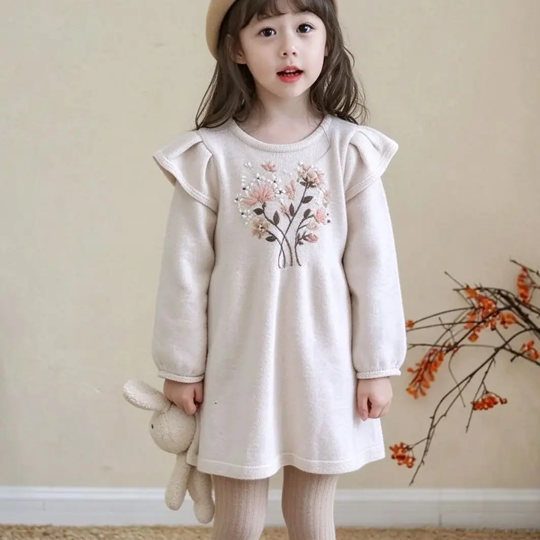 Girls Nordic Knit Dress, Autumn Winter Hand Embroidery Heavy Work Long Sleeve Base Dress, Kids Elegant Knitted Dress