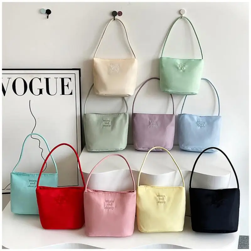 Korean Style Letter Underarm Bag Tote Bag Handbag Embroidery Shoulder Bag Pure Color Large Capacity Nylon Bucket Bag Women 1PC