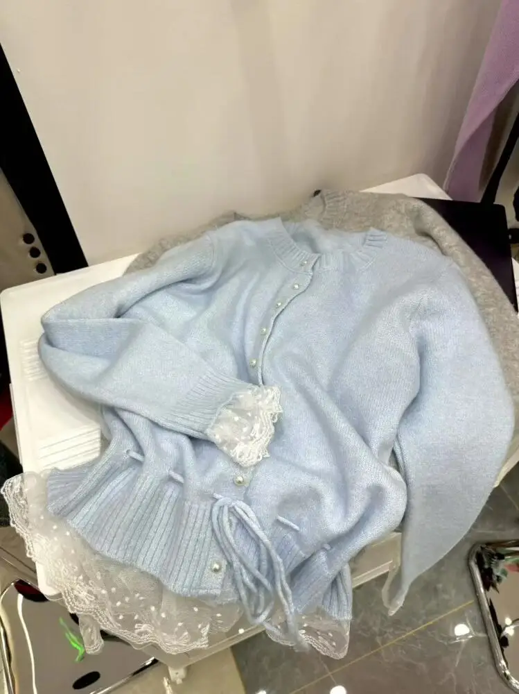 Cardigan coreano in pizzo dolce da donna primavera casual vestibilità ampia manica lunga girocollo top lavorato a maglia maglione legato in vita versatile