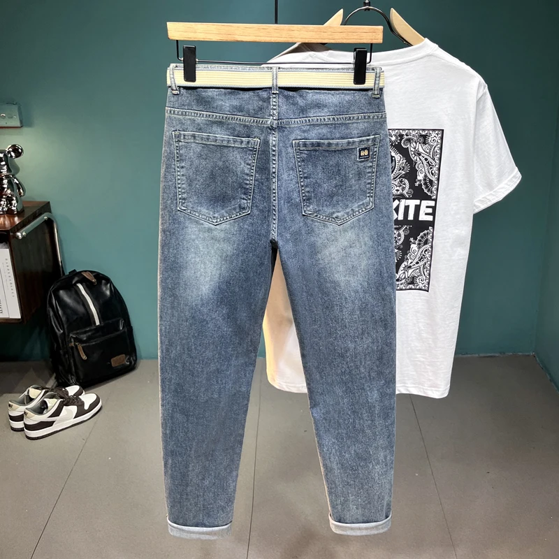 Fashion Embroidered Jeans Men's Street Versatile Trend Casual Matching Belt Spring and Summer Slim Fit Thin Pants