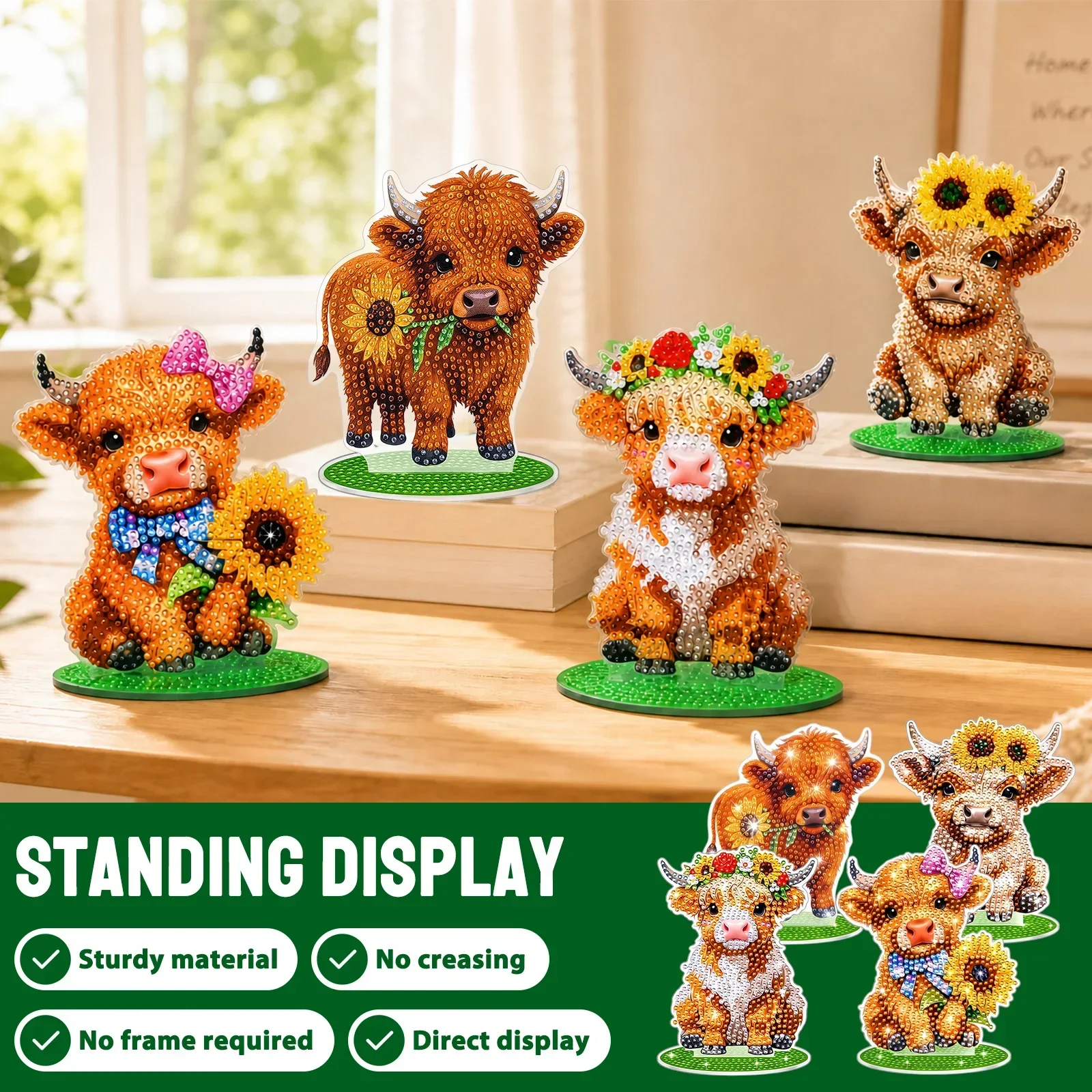 4 Pcs Highland Cow Diamond Art Kit DIY Double Sided Stand Up Cow Diamond Art Kits Acrylic Diamond Painting Set for Desktop Decor