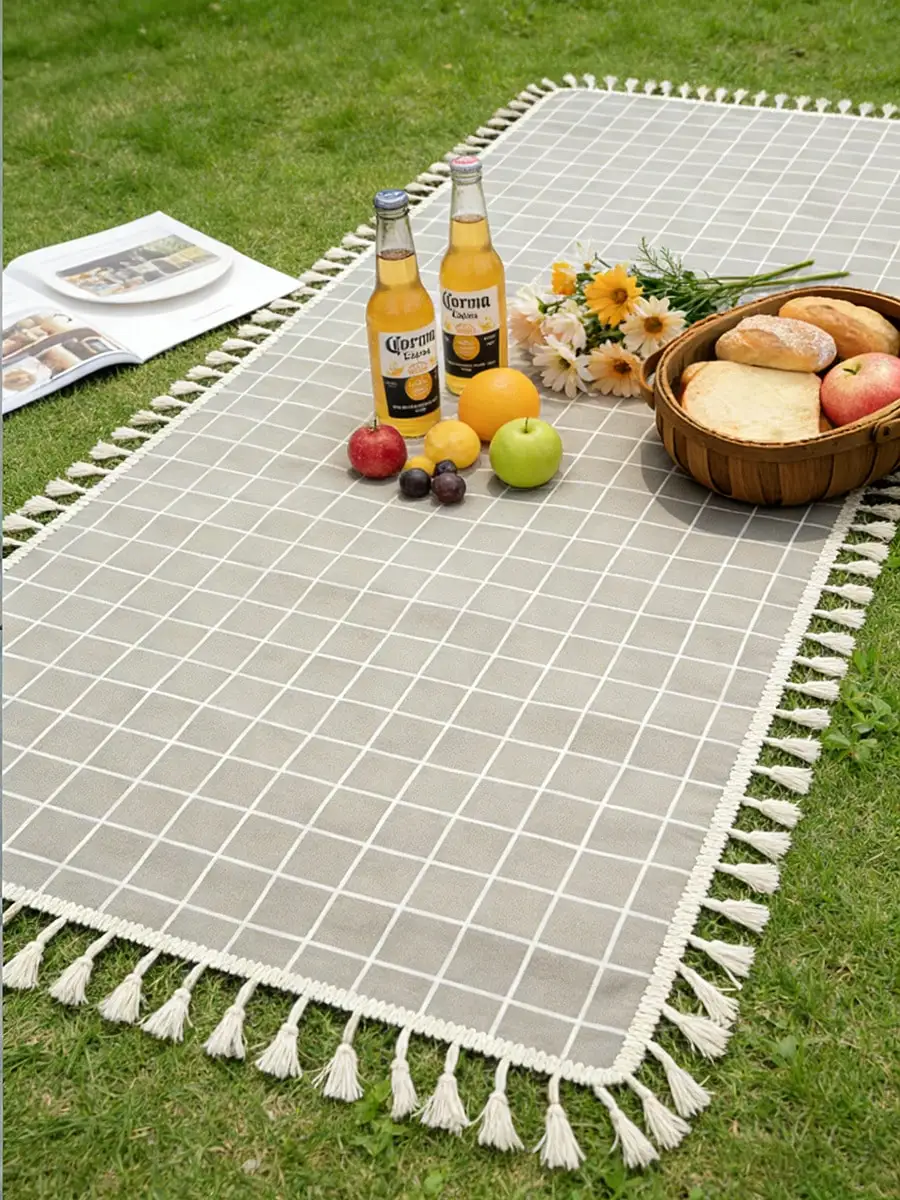 1PC Gray Plaid Picnic Blanket Tablecloth Durable Polyester Foldable Portable for Outdoor Camping Beach Travel